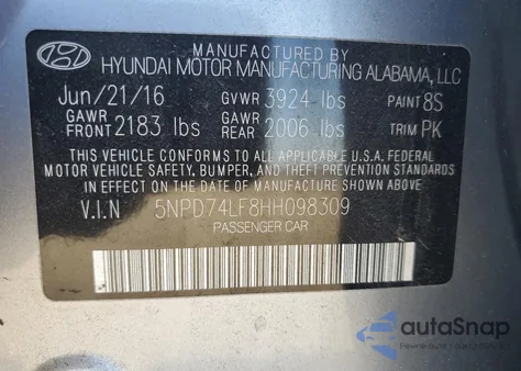 2017 Hyundai Elantra Se from USA, damaged, VIN 5NPD74LF8HH098309